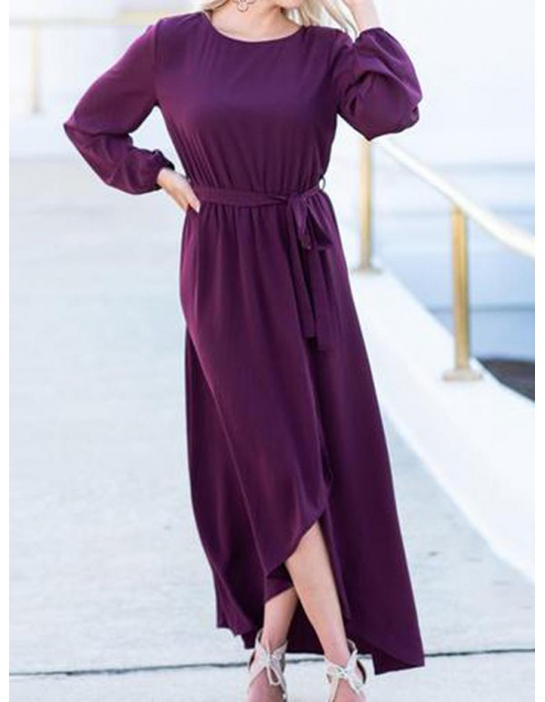 Elegant Women High Split Front Cross Irregular Hem Long Sleeve Dress with Belt