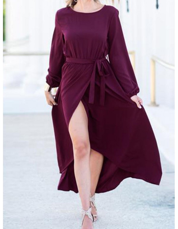 Elegant Women High Split Front Cross Irregular Hem Long Sleeve Dress with Belt