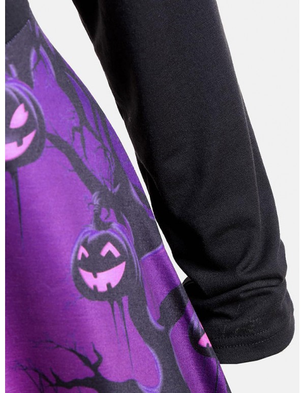 Halloween Pumpkin Horror Print Patchwork Crew Neck Long Sleeve Dress