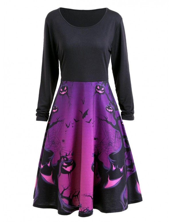 Halloween Pumpkin Horror Print Patchwork Crew Neck Long Sleeve Dress