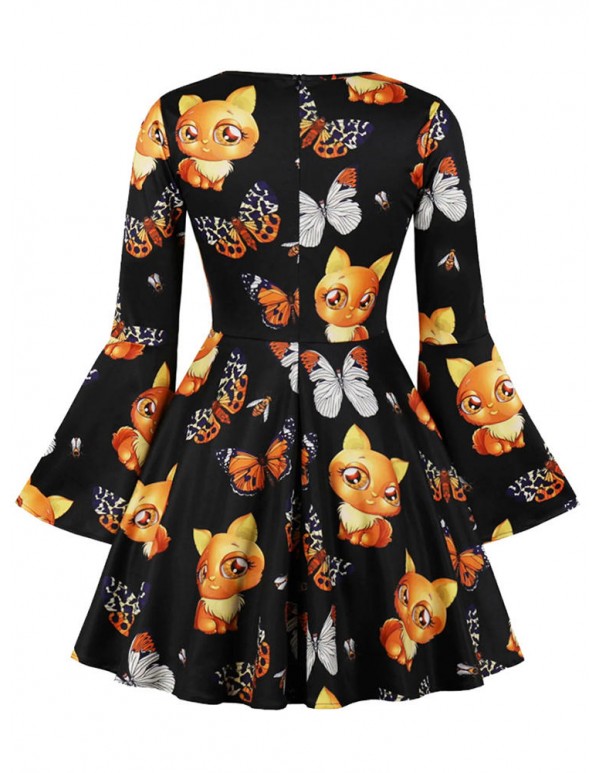 Halloween Women Fox Print Ruffle Sleeve Party Mini Dress