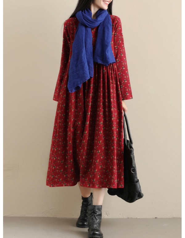 Vintage Women Pockets Floral Print Loose Long Sleeve Pleated Dress