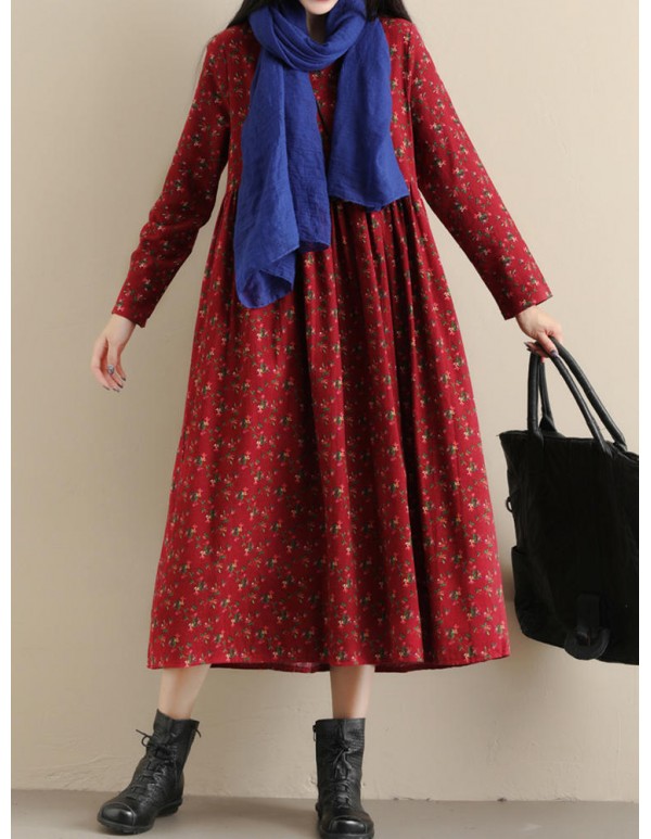 Vintage Women Pockets Floral Print Loose Long Sleeve Pleated Dress