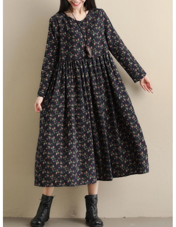 Vintage Women Pockets Floral Print Loose Long Sleeve Pleated Dress