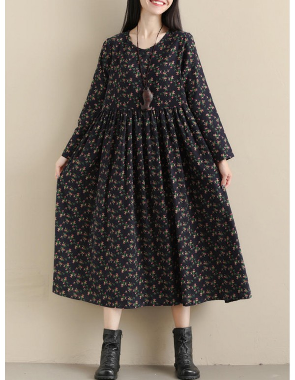 Vintage Women Pockets Floral Print Loose Long Sleeve Pleated Dress