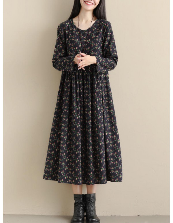 Vintage Women Pockets Floral Print Loose Long Sleeve Pleated Dress