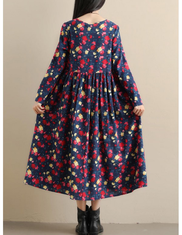 Vintage Women Pockets Floral Print Loose Long Sleeve Pleated Dress