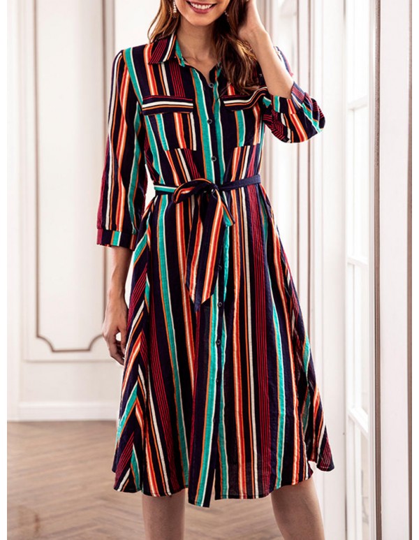 Casual Women Striped 3/4 Sleeve Button Dress with Pockets