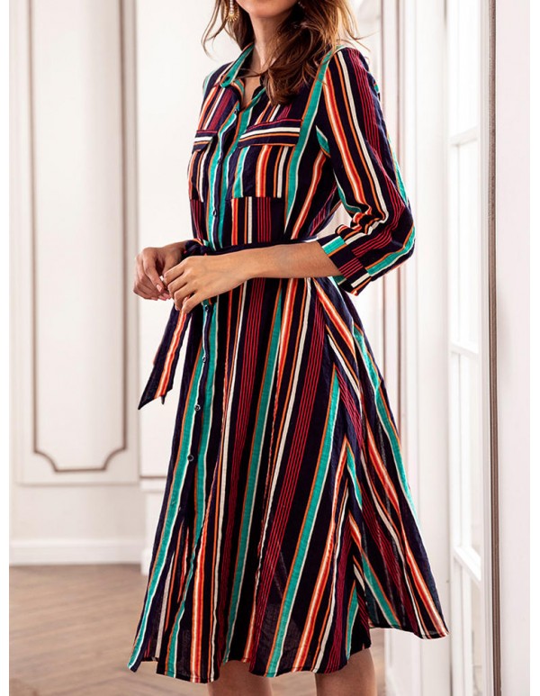 Casual Women Striped 3/4 Sleeve Button Dress with Pockets