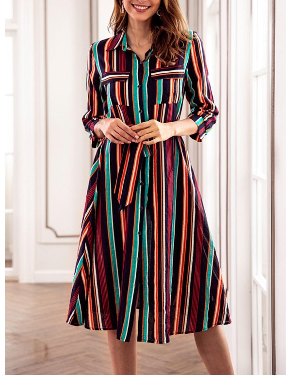 Casual Women Striped 3/4 Sleeve Button Dress with Pockets