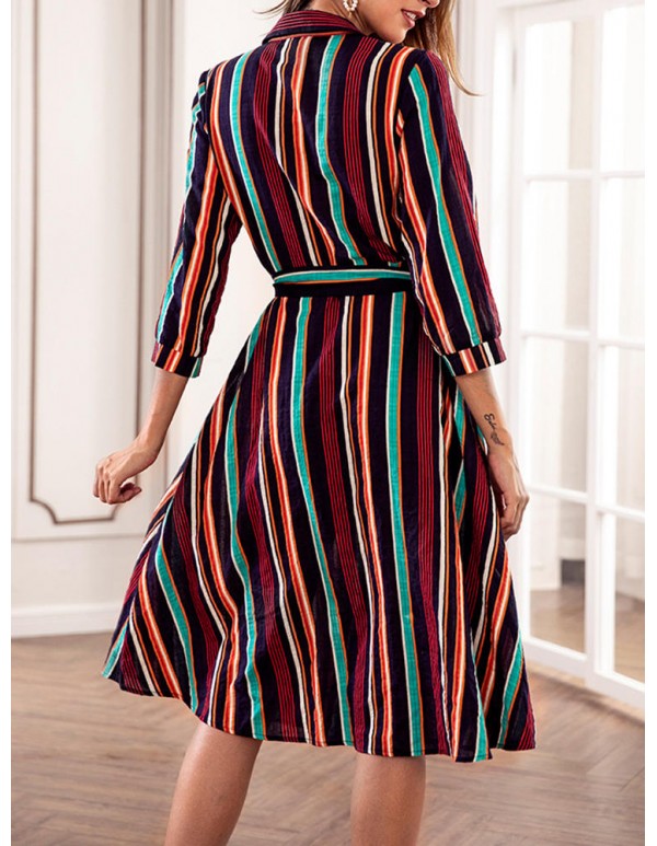 Casual Women Striped 3/4 Sleeve Button Dress with Pockets