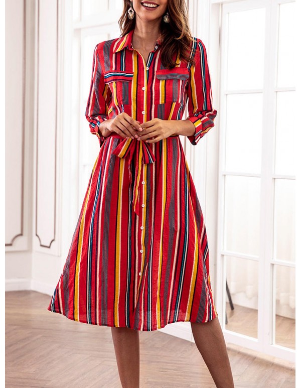 Casual Women Striped 3/4 Sleeve Button Dress with Pockets