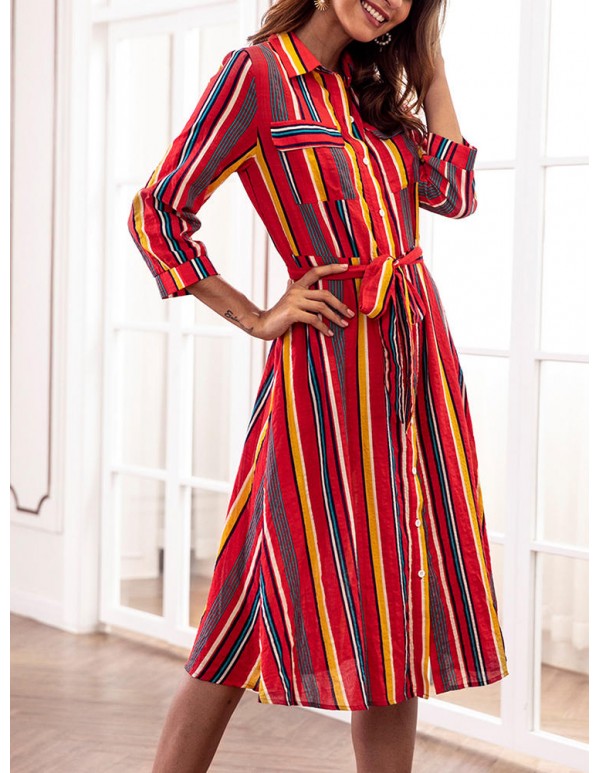 Casual Women Striped 3/4 Sleeve Button Dress with Pockets