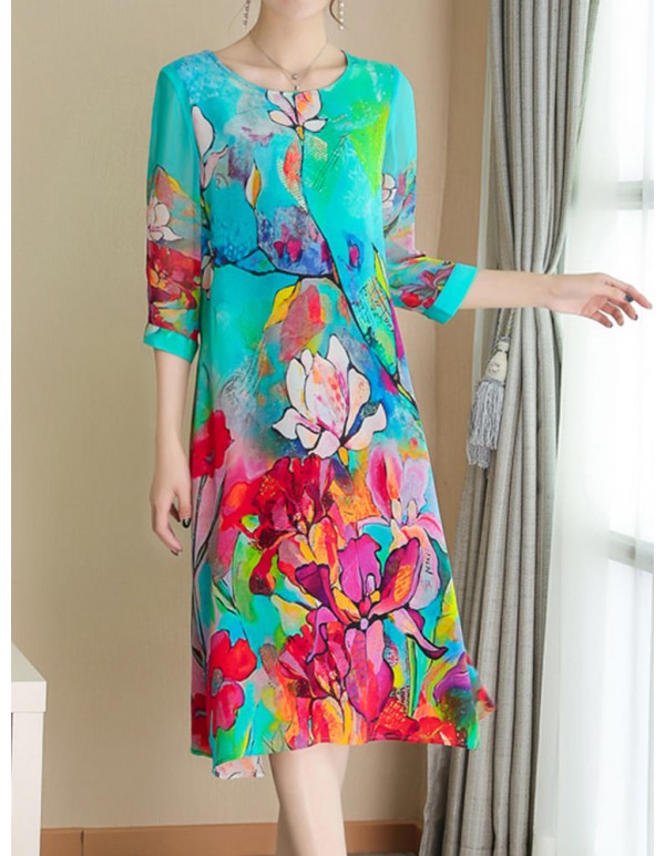 Elegant Floral Print Half Sleeve Dress For Women