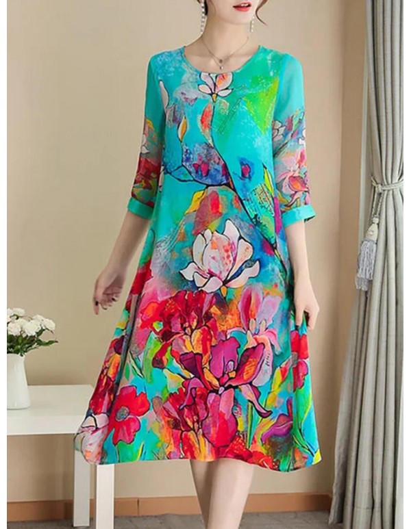 Elegant Floral Print Half Sleeve Dress For Women