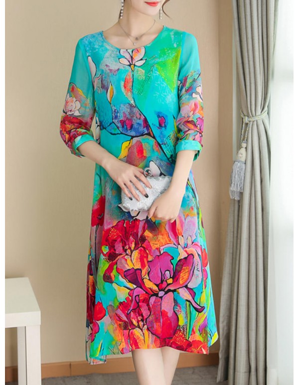 Elegant Floral Print Half Sleeve Dress For Women