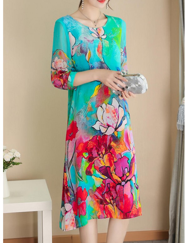 Elegant Floral Print Half Sleeve Dress For Women